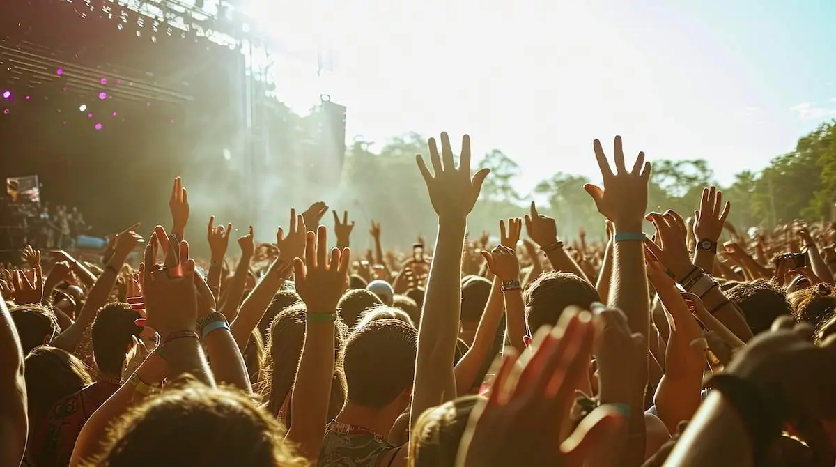 a crowd of people with their hands up in the air, Attend outdoor music festivals.