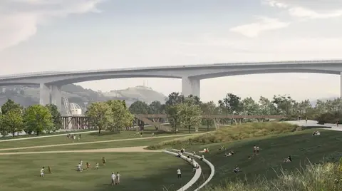Infograf&iacute;a del parque del futuro parque de ribera de Urban-Galindo