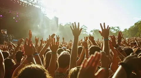 a crowd of people with their hands up in the air, Attend outdoor music festivals.